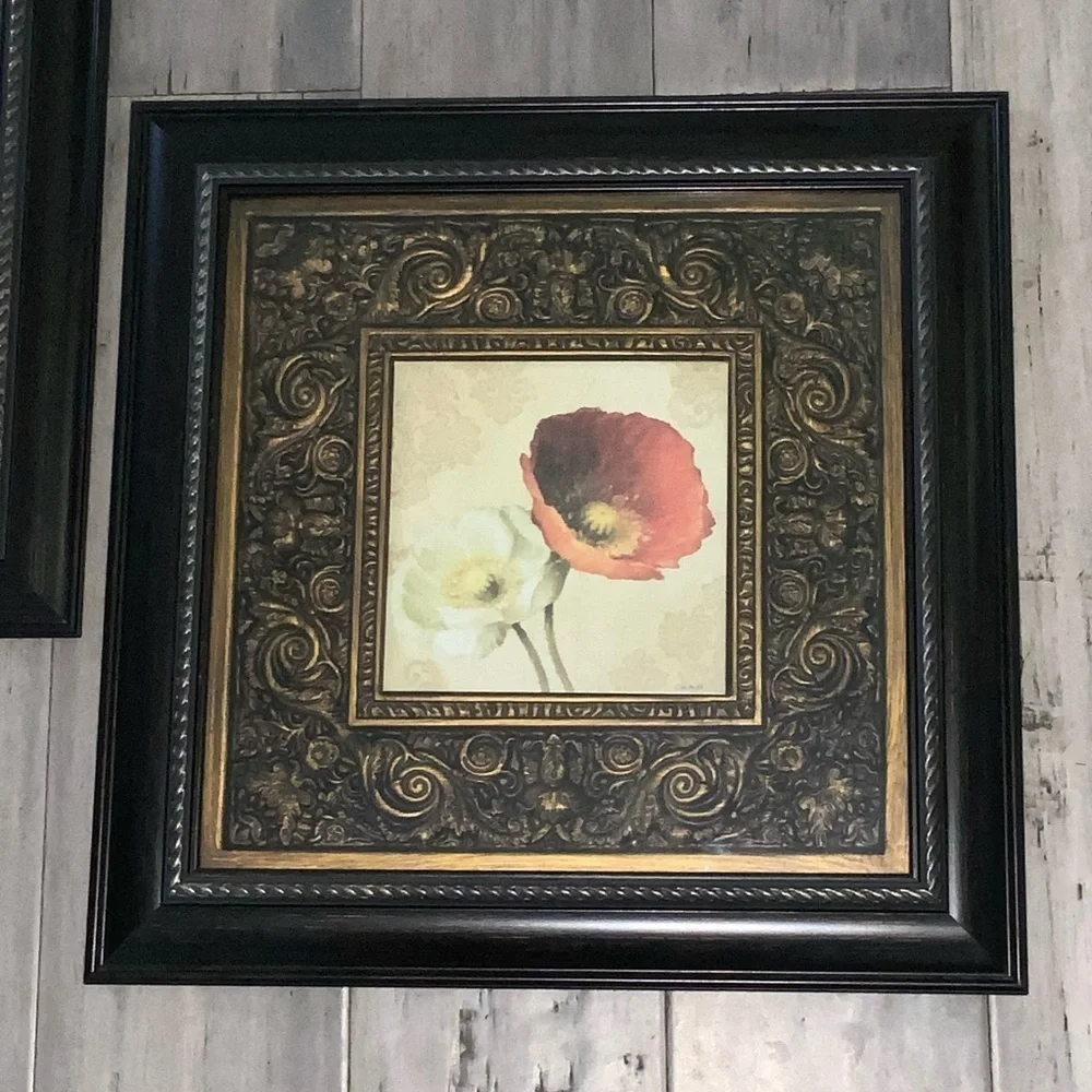 Pair Of Peonies Matted Framed Pictures~Antique Bronze & Brown Frames~Traditional
